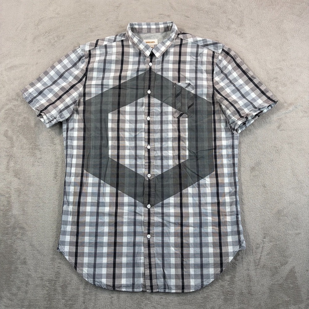 Diesel Hexagon Shirt Men XL‎ Grey Multi Plaid D Logo Patch Short Sleeve Designer